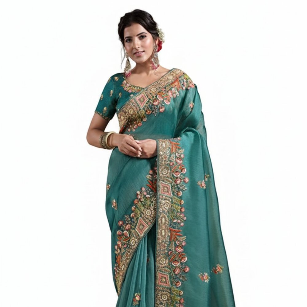 Elegant Teal Embroidered Viscose Silk Satin Saree